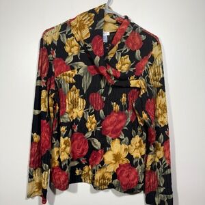 SYBELLE Womens L Floral Print Cowl Neck Vintage 90s Ribbed Blouse USA